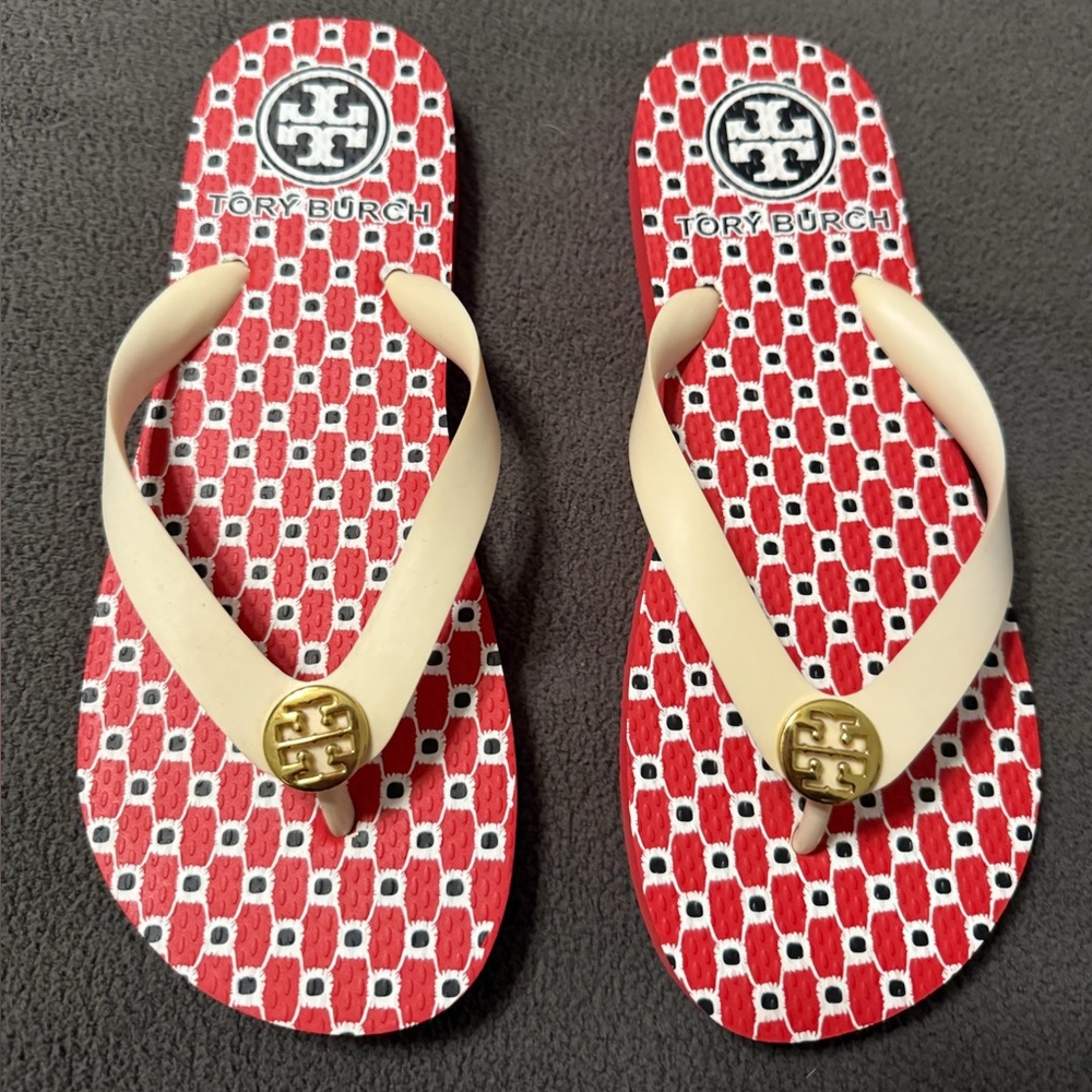 Tory Burch Red and Cream Sandals with Gold Accent